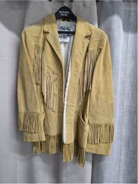 Pioneer Wear Womens Tan Leather Fringe Jacket Vintage Cowgirl Boho Festival Sz 8